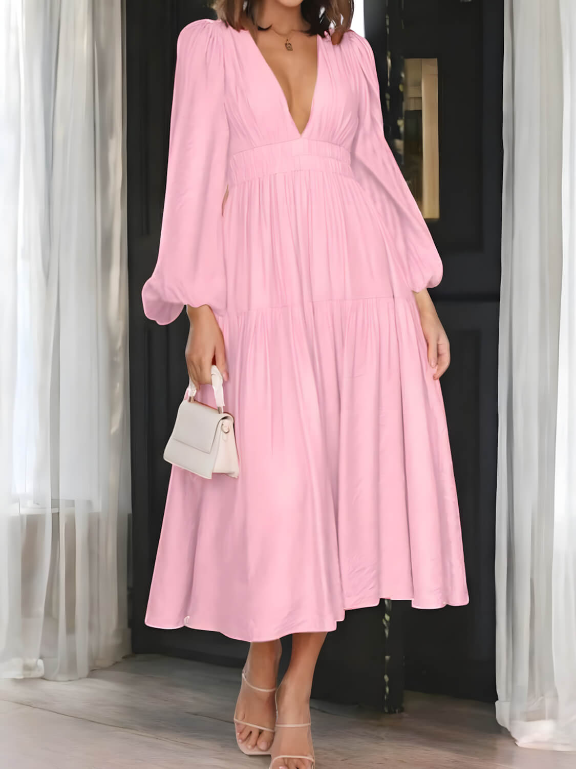 Léonie - Maxi-robe à manches ballon et décolleté en V