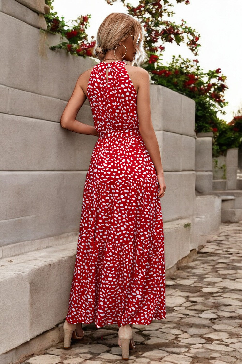 Solène - Robe longue avec ceinture à la taille et motifs