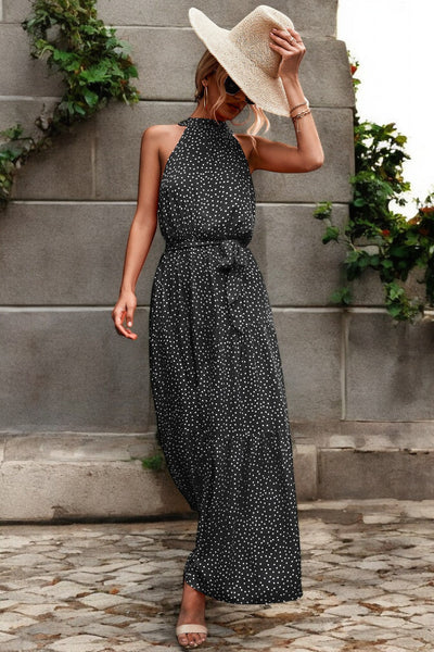 Solène - Robe longue avec ceinture à la taille et motifs