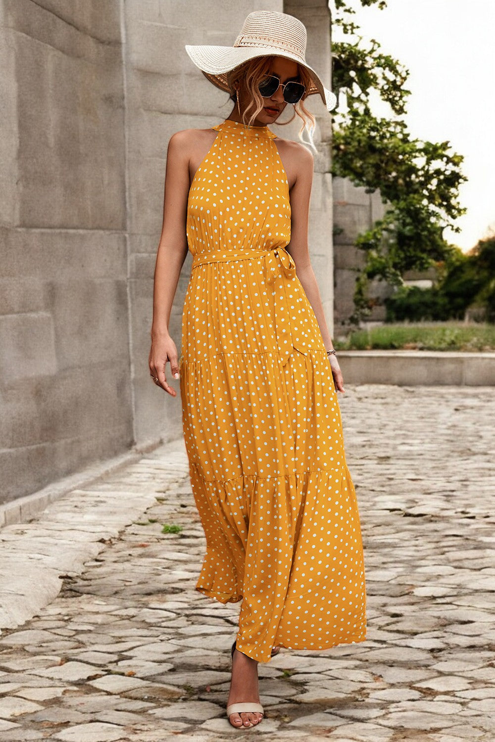 Solène - Robe longue avec ceinture à la taille et motifs