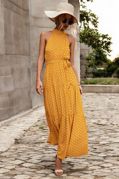 Solène - Robe longue avec ceinture à la taille et motifs