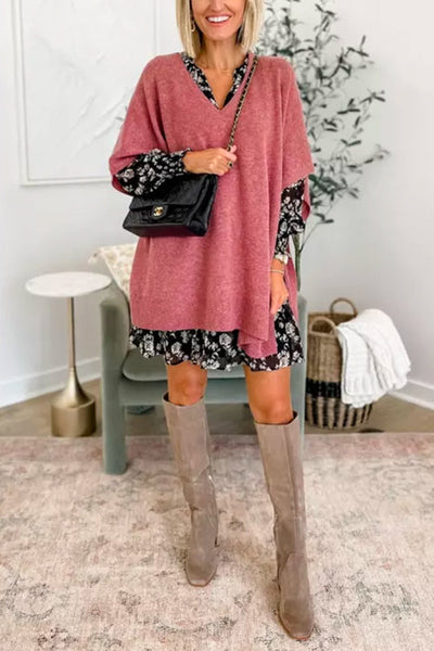 Pull poncho ample uni à col V chic