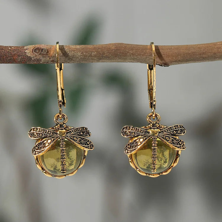 Boucles d'oreilles libellule sphérique en argent antique