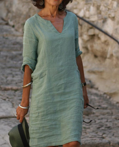 Robe Décontractée en Lin à Manches Trois-Quarts pour Femme