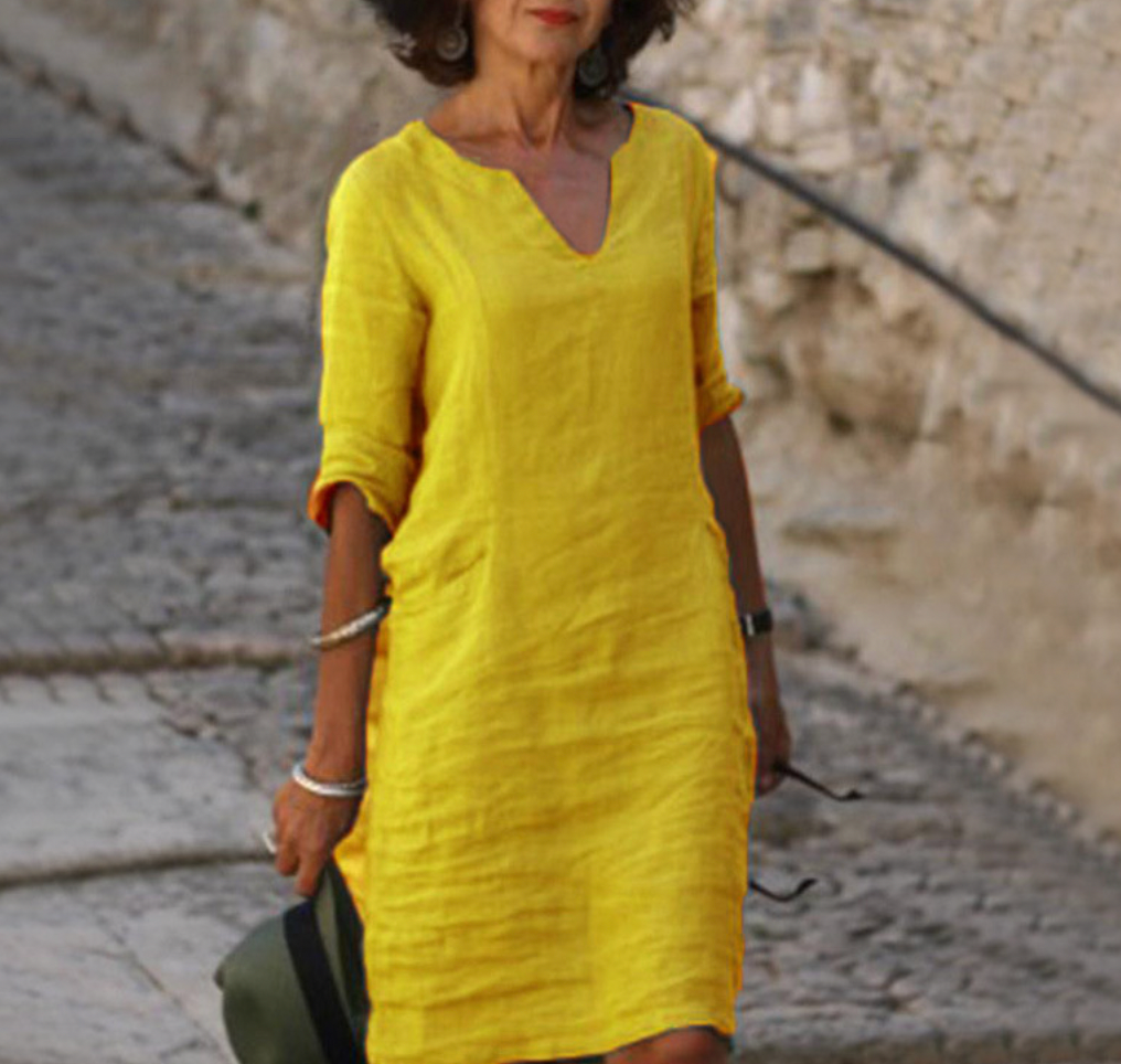 Robe Décontractée en Lin à Manches Trois-Quarts pour Femme