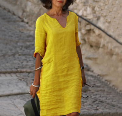 Robe Décontractée en Lin à Manches Trois-Quarts pour Femme