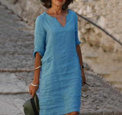 Robe Décontractée en Lin à Manches Trois-Quarts pour Femme