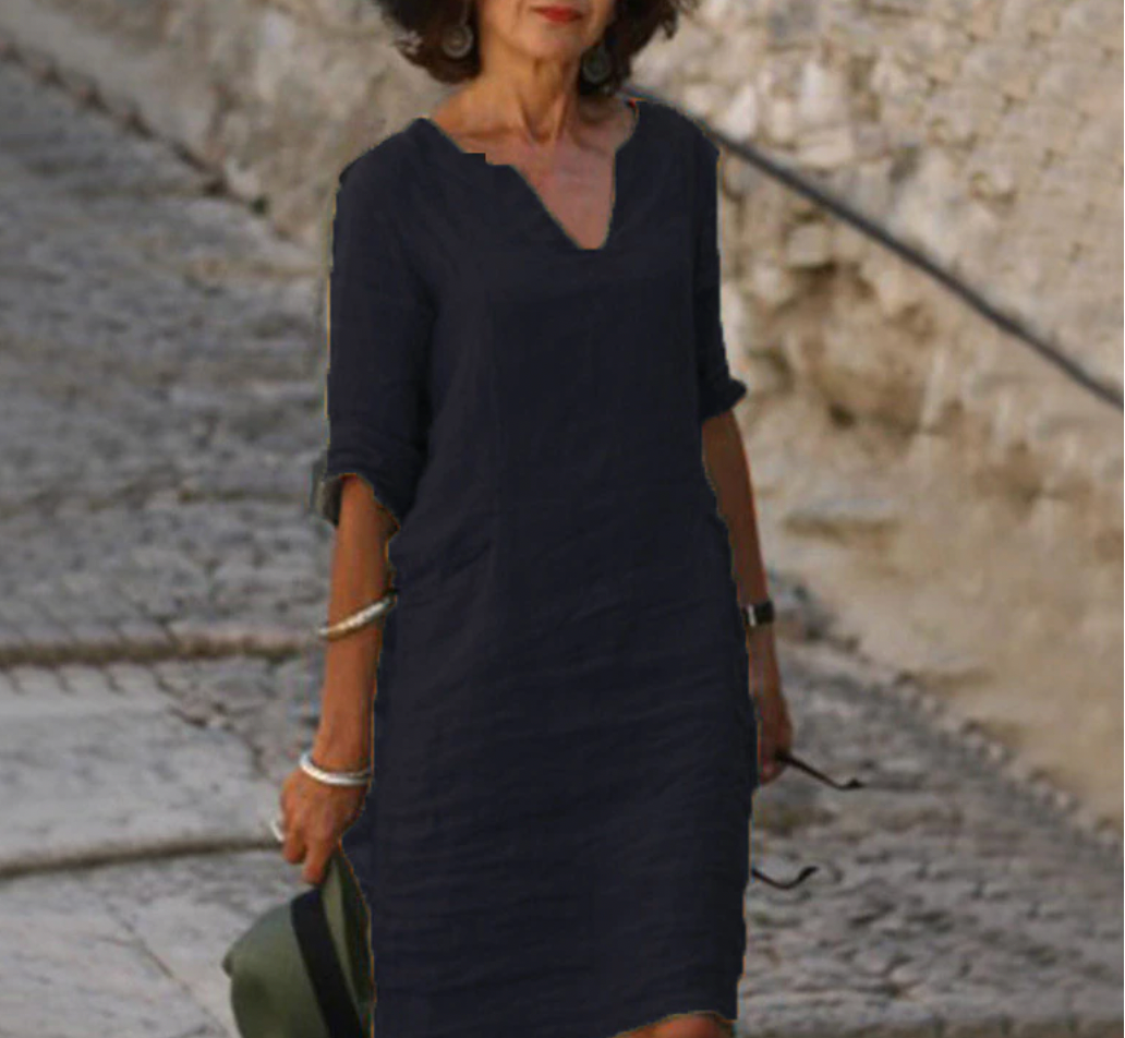 Robe Décontractée en Lin à Manches Trois-Quarts pour Femme