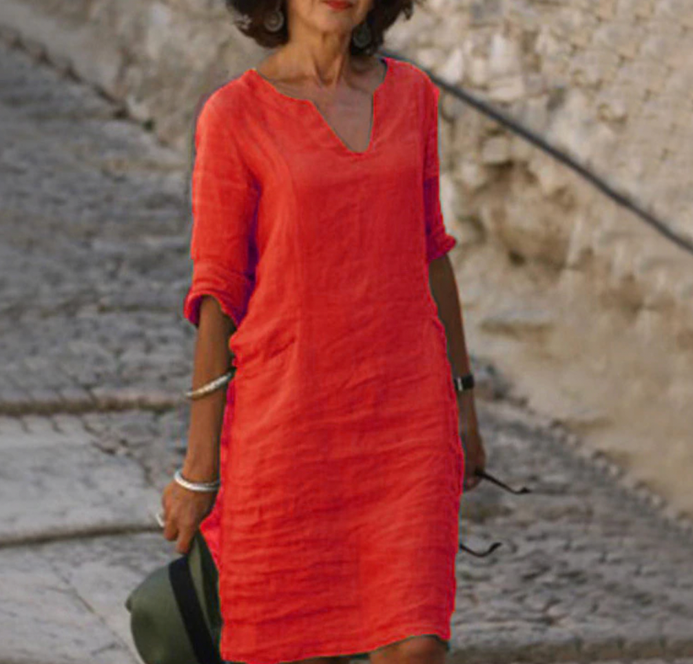 Robe Décontractée en Lin à Manches Trois-Quarts pour Femme