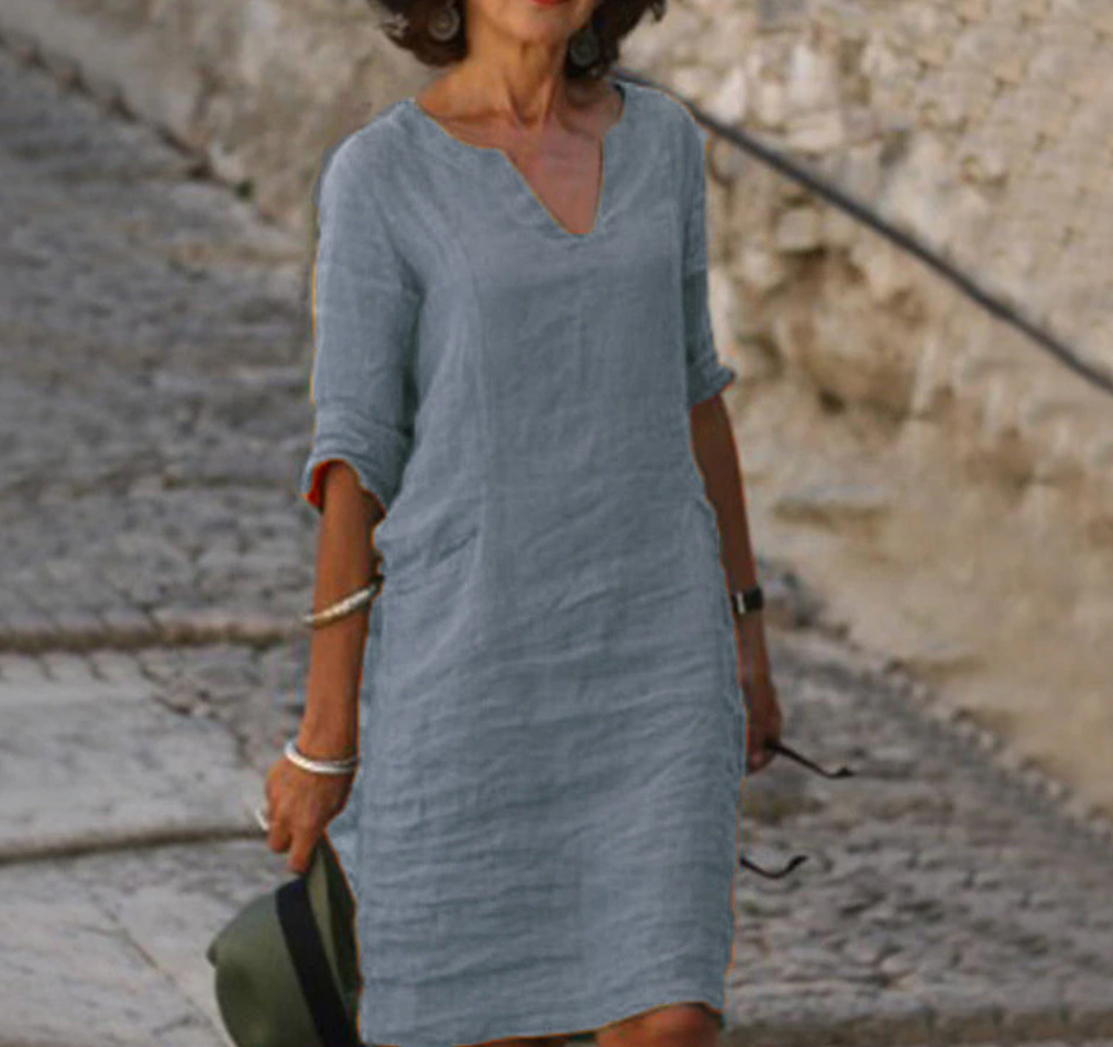 Robe Décontractée en Lin à Manches Trois-Quarts pour Femme