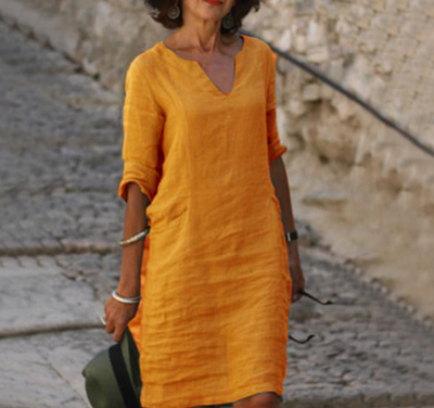 Robe Décontractée en Lin à Manches Trois-Quarts pour Femme