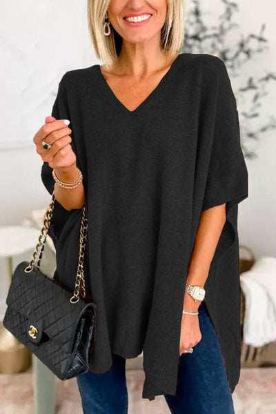 Pull poncho ample uni à col V chic