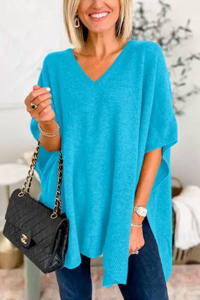 Pull poncho ample uni à col V chic
