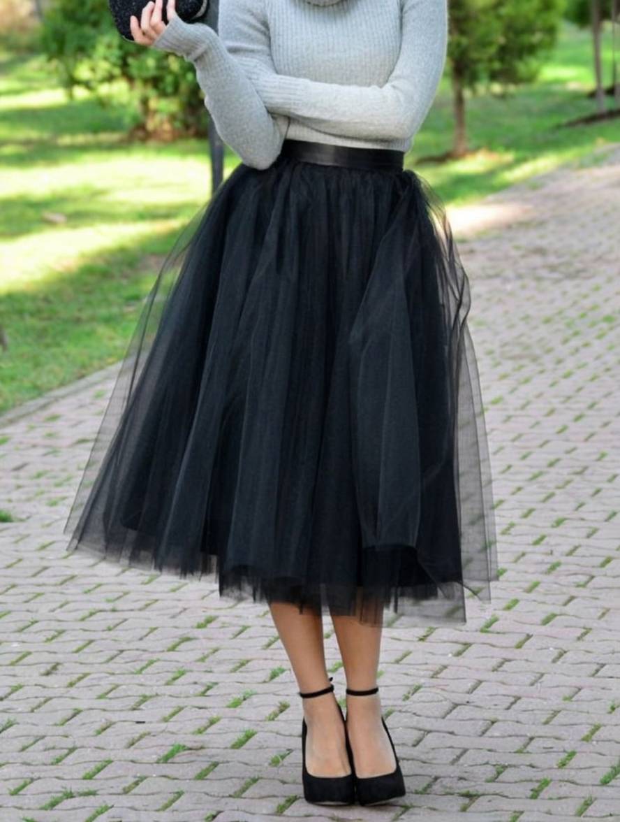 TULLIA – Jupe Longue en Tulle Noir Taille Élastique