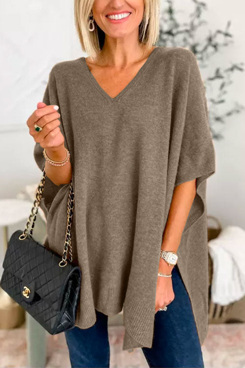 Pull poncho ample uni à col V chic