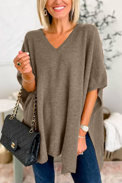 Pull poncho ample uni à col V chic