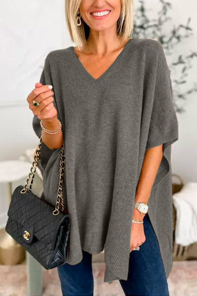 Pull poncho ample uni à col V chic