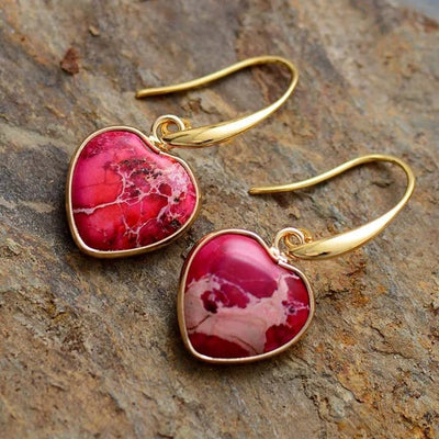 Boucles d’oreilles gouttes en jaspe rouge cœur