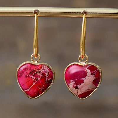 Boucles d’oreilles gouttes en jaspe rouge cœur