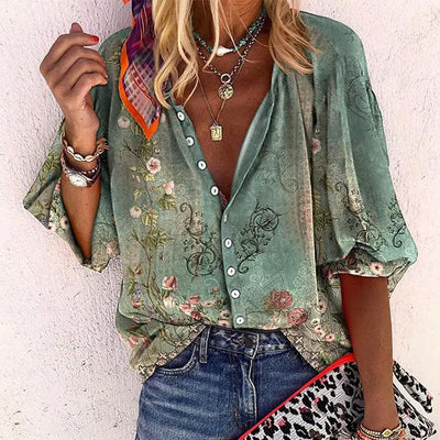 Chemise Boutonnée à Manches 3/4 à Motif Floral pour Femme