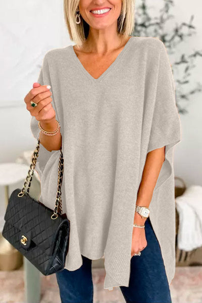 Pull poncho ample uni à col V chic