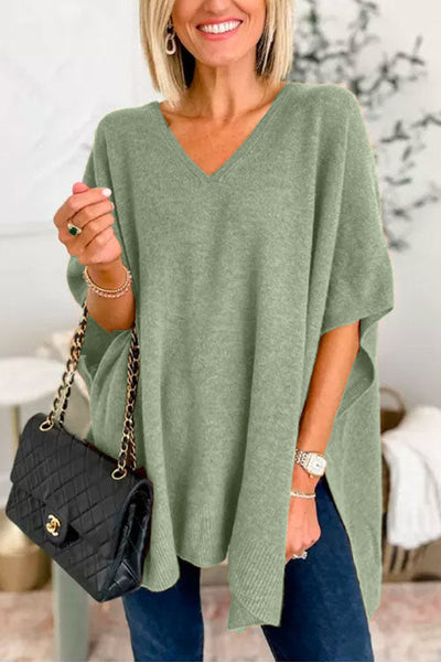 Pull poncho ample uni à col V chic
