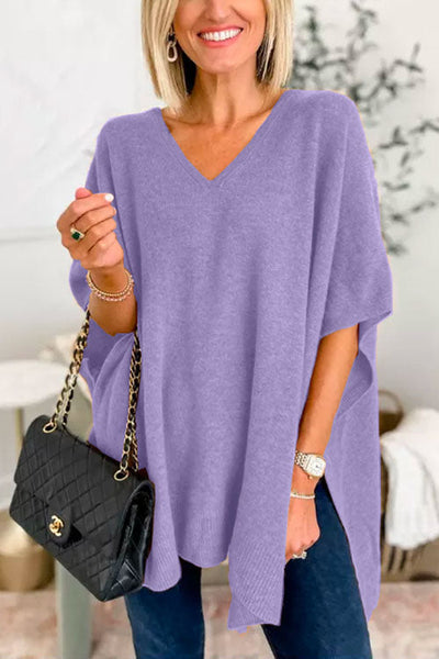 Pull poncho ample uni à col V chic