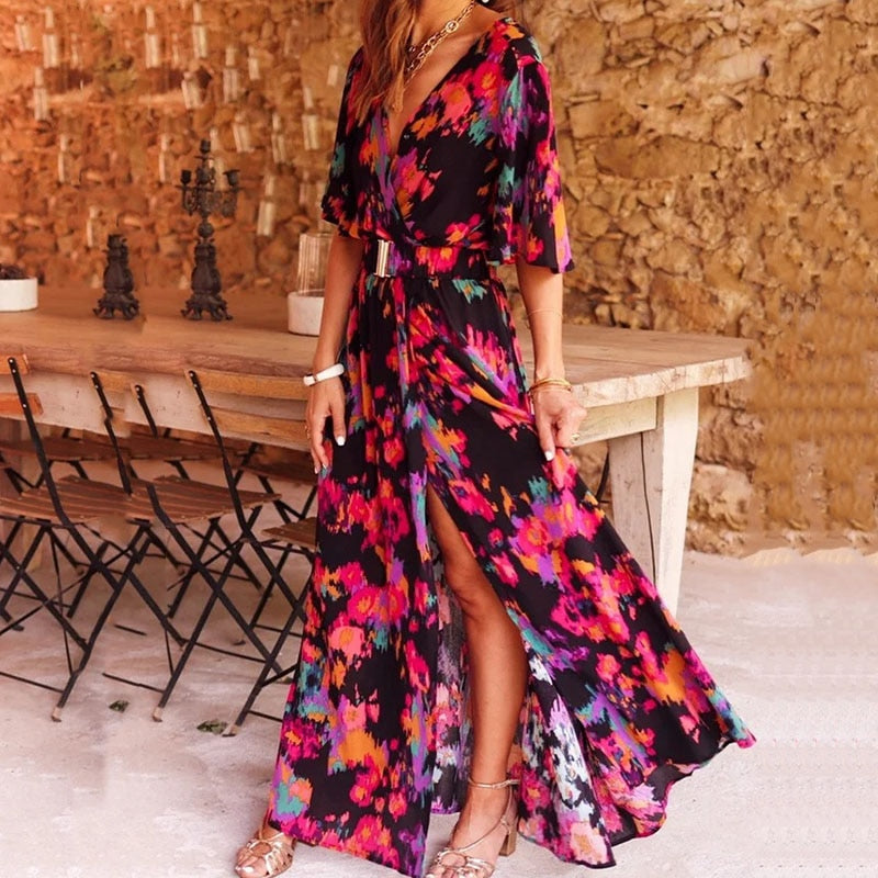 Aurélie - Maxi robe portefeuille élégante en tissu léger