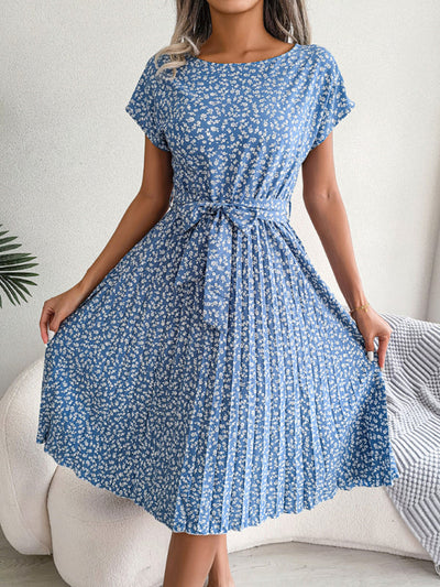 Angela – Robe Midi Trapèze à Fleurs avec Ceinture Élégance Décontractée et Raffinée