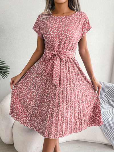 Angela – Robe Midi Trapèze à Fleurs avec Ceinture Élégance Décontractée et Raffinée