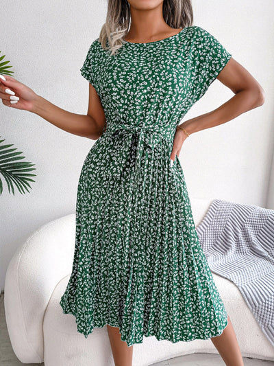 Angela – Robe Midi Trapèze à Fleurs avec Ceinture Élégance Décontractée et Raffinée