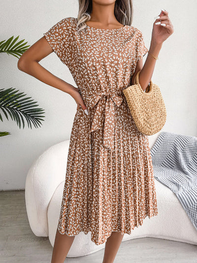 Angela – Robe Midi Trapèze à Fleurs avec Ceinture Élégance Décontractée et Raffinée