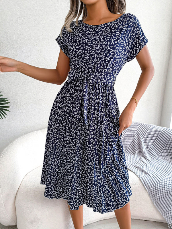 Angela – Robe Midi Trapèze à Fleurs avec Ceinture Élégance Décontractée et Raffinée