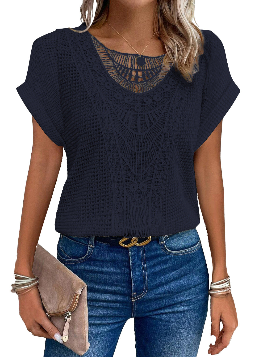 Zarelle – T-shirt à Manches Courtes avec Détails en Dentelle
