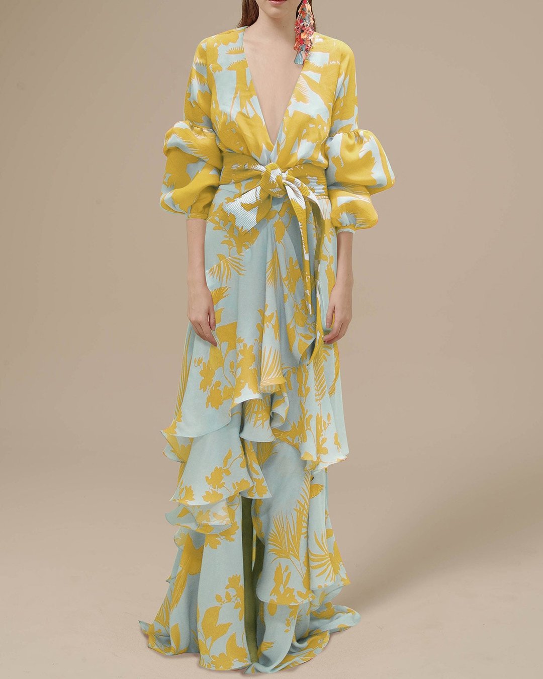 Robe Longue à Fleurs avec Jupe à Volants pour Femme
