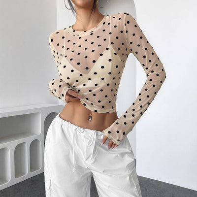 Amélie - Top en Tulle pour Femme à Pois Blanc Cassé Tendance