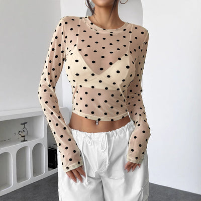 Amélie - Top en Tulle pour Femme à Pois Blanc Cassé Tendance