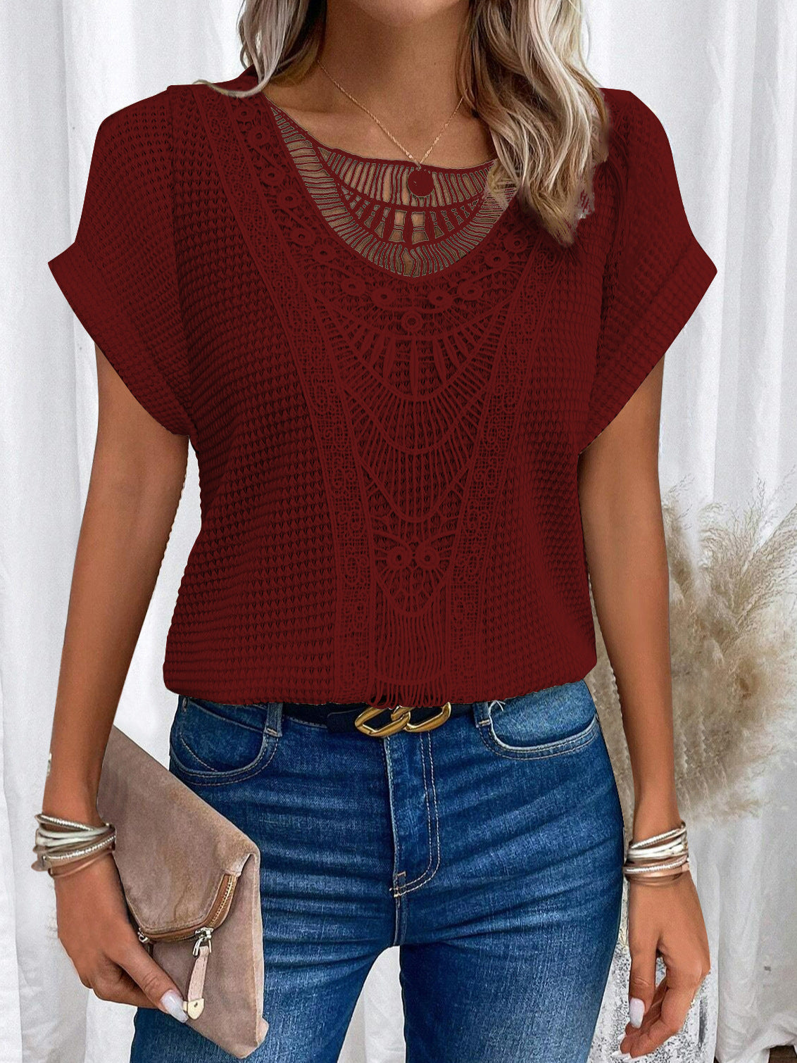 Zarelle – T-shirt à Manches Courtes avec Détails en Dentelle