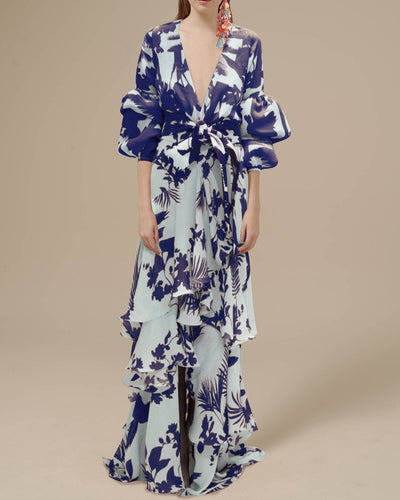 Robe Longue à Fleurs avec Jupe à Volants pour Femme