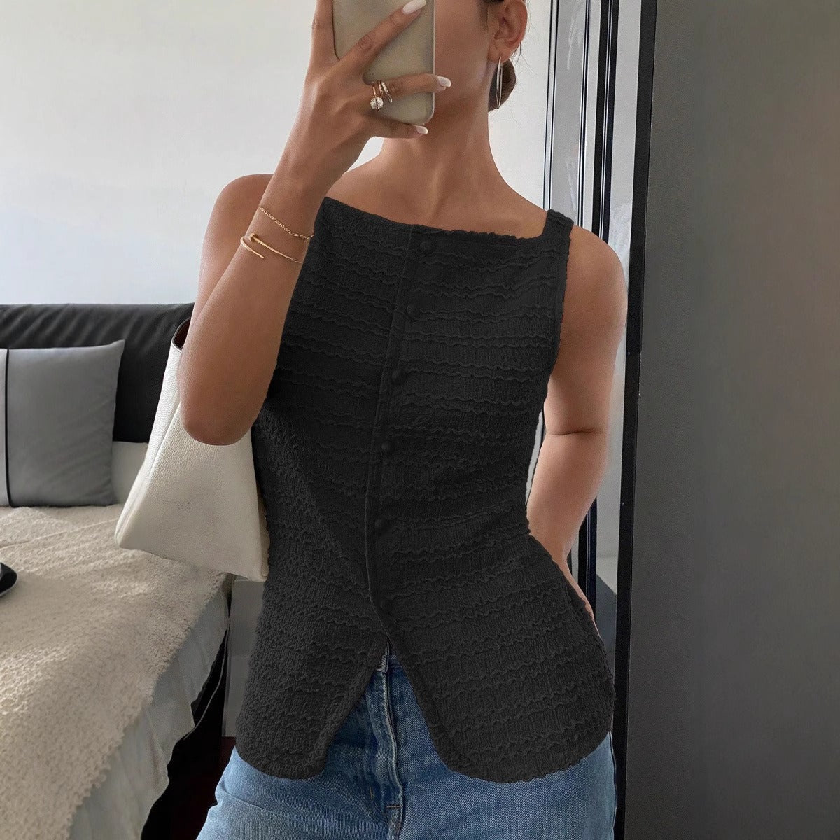 Top sans manches pour femme, texture côtelée, style ajusté - Eliane
