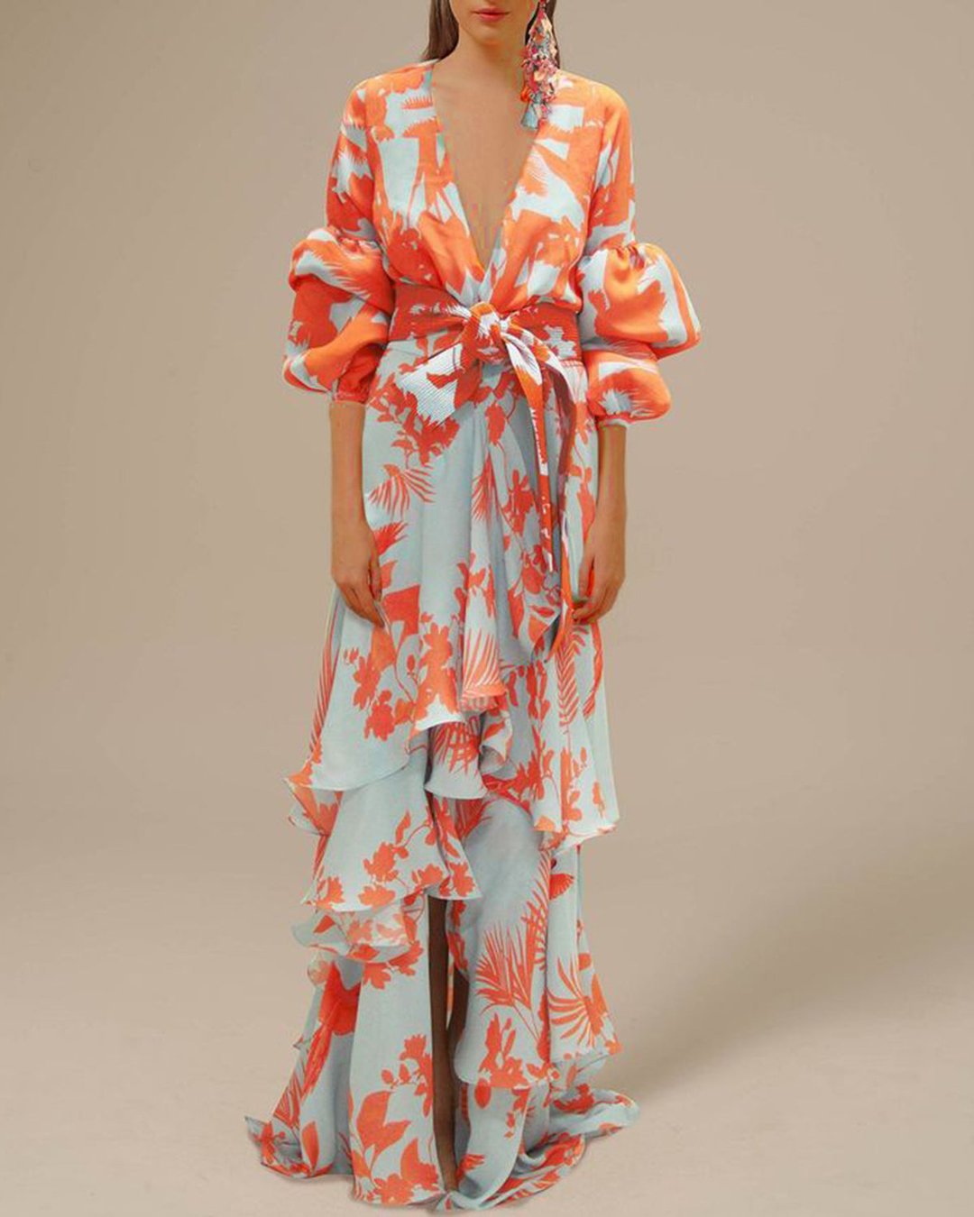 Robe Longue à Fleurs avec Jupe à Volants pour Femme