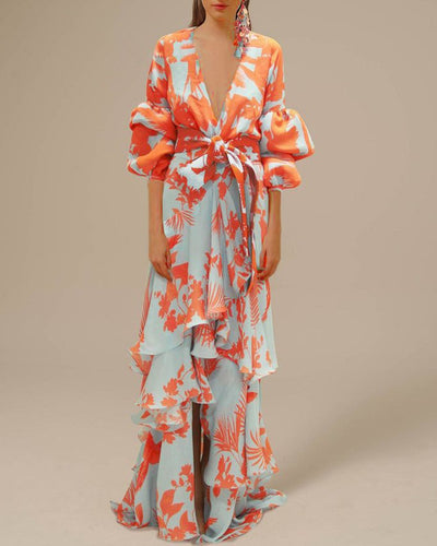 Robe Longue à Fleurs avec Jupe à Volants pour Femme