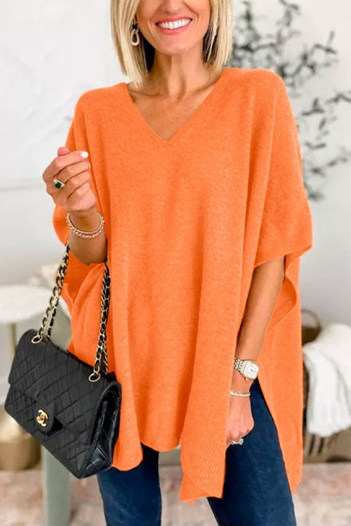 Pull poncho ample uni à col V chic