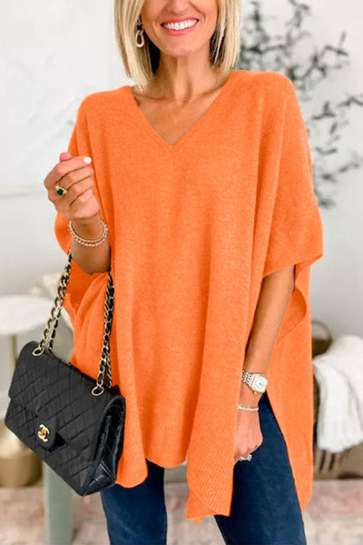Pull poncho ample uni à col V chic
