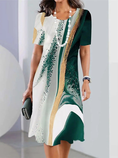 Robe Midi à Manches Courtes pour Femme avec Col ras du cou