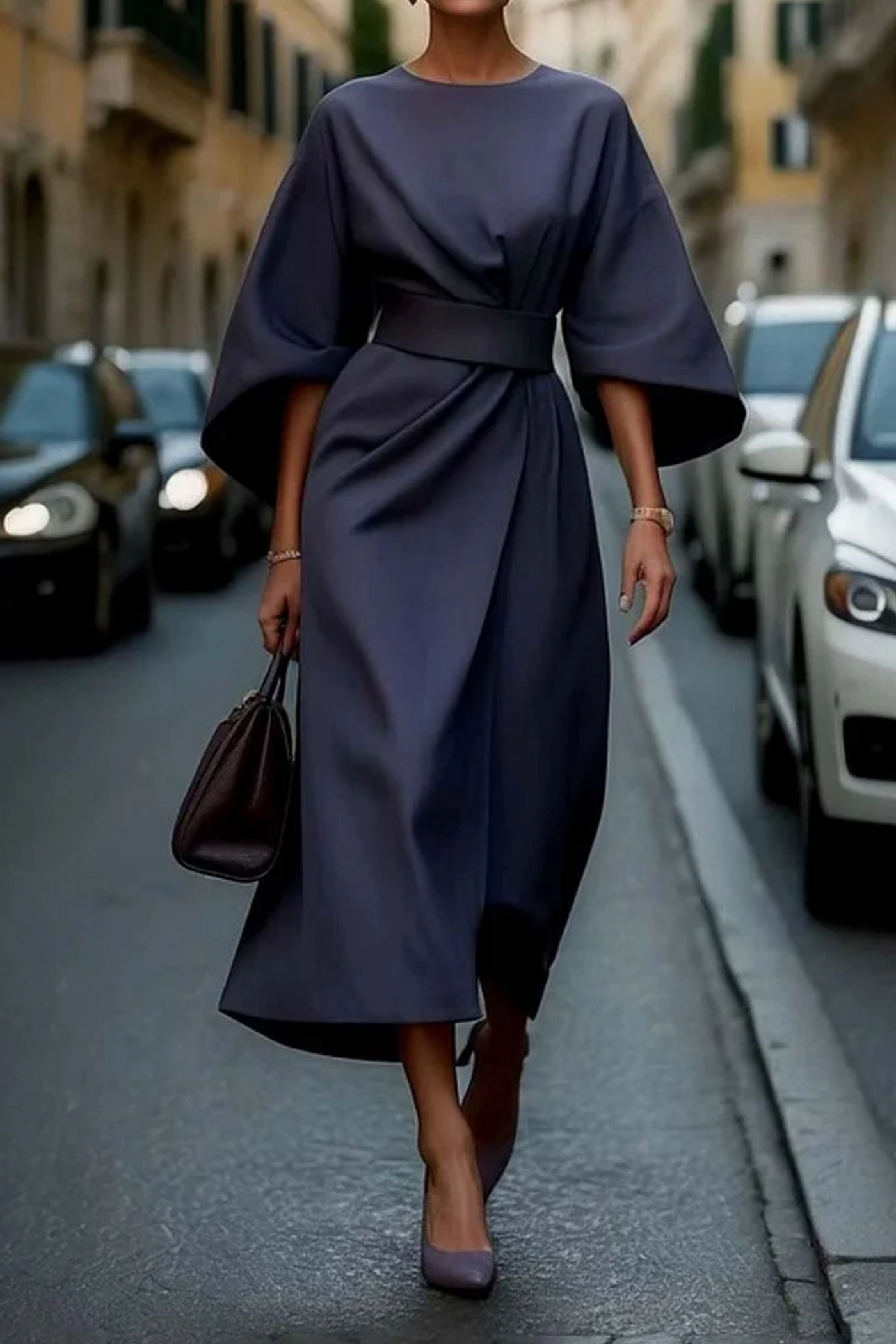 AtelierdeRocheParis™ | Sonia | Robe élégante avec manches lanterne et ceinture