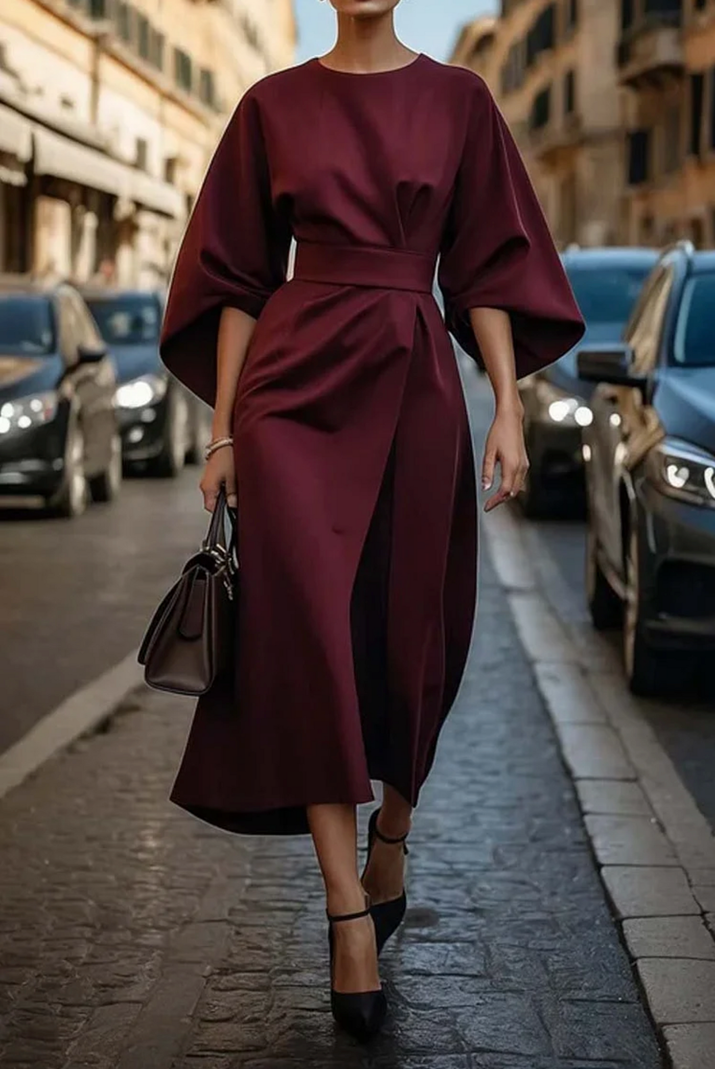 AtelierdeRocheParis™ | Sonia | Robe élégante avec manches lanterne et ceinture