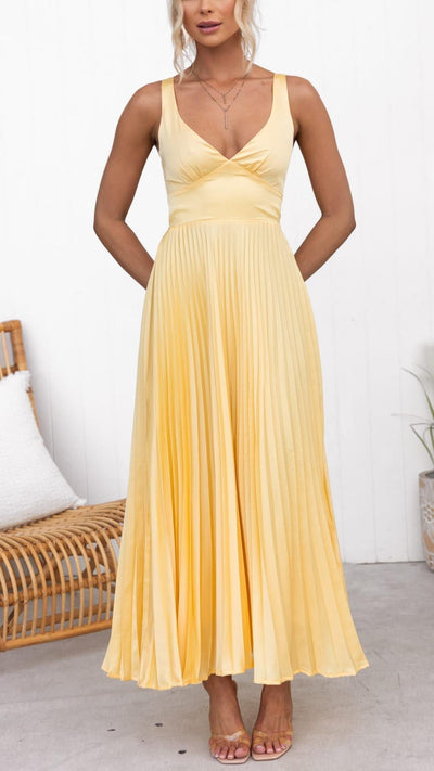 Amy - Robe Maxi Plissée Jaune à Décolleté en V