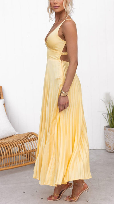 Amy - Robe Maxi Plissée Jaune à Décolleté en V