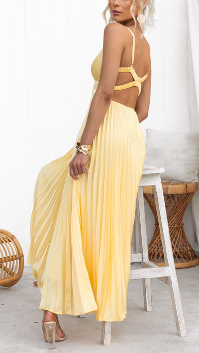 Amy - Robe Maxi Plissée Jaune à Décolleté en V